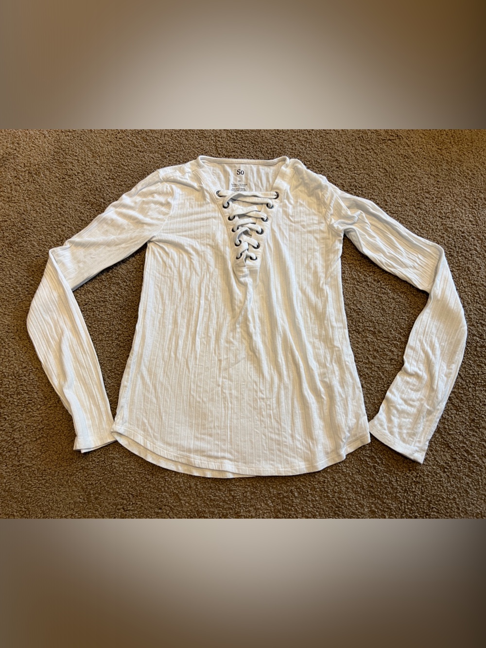 SO White Ribbed Lace-Up Long Sleeve Tee